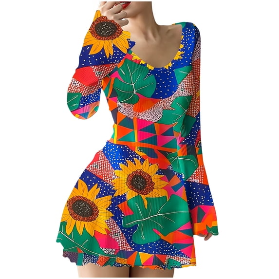 Oplxuo Ribbed Knit Sweater Dresses for Women Fashion Long Sleeve Printed Mini Dress Casual A-Line Short Dresses