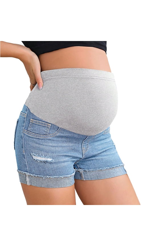 Ripped Denim Shorts for Pregnant Women Over the Belly Casual Stretchy Summer High Waisted Jean Shorts with Pockets