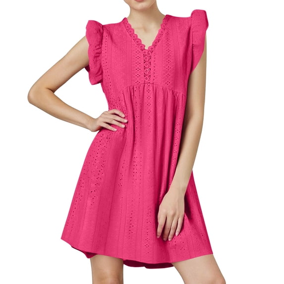 Oplxuo Ruffle Sleeve Eyelets Mini Dress for Women Summer Loose V Neck 2025 Swing Party Cocktail Babydoll Dresses