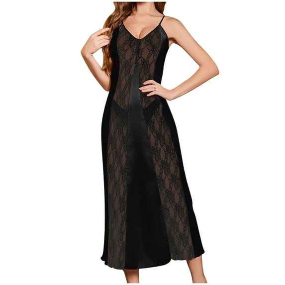 Oplxuo Satin Silk Nightgown for Women Summer Sexy Lace Patchwork Sheer See Throught Spaghetti Straps V Neck Sleepwear Dress