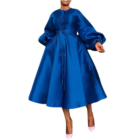 Oplxuo Satin Swing Cocktail Midi Dresses for Women Elegant Puff Sleeve Button Front A-Line Formal Party Prom Dress