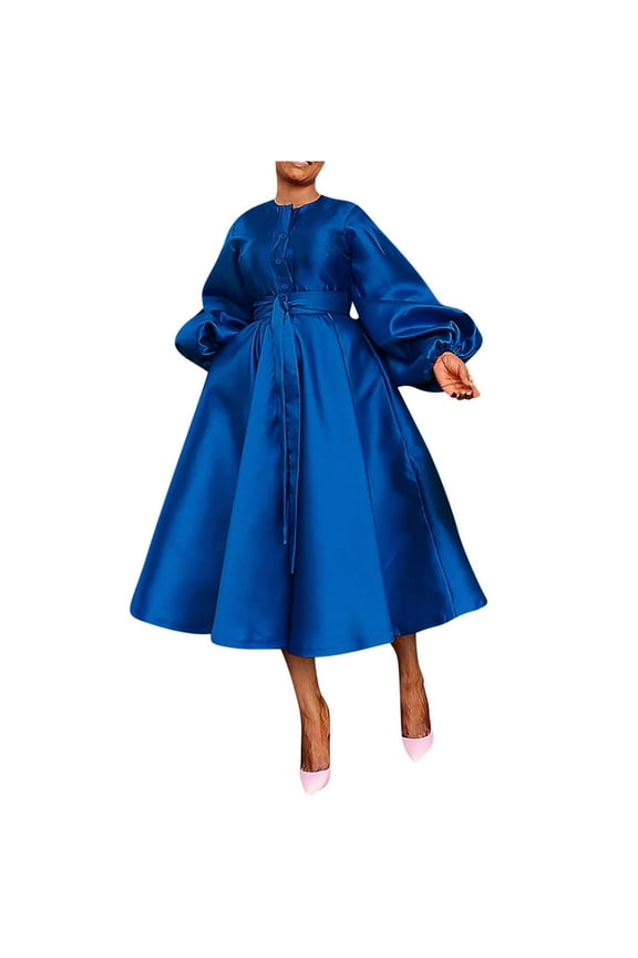 Satin Swing Cocktail Midi Dresses for Women Elegant Puff Sleeve Button Front A-Line Formal Party Prom Dress