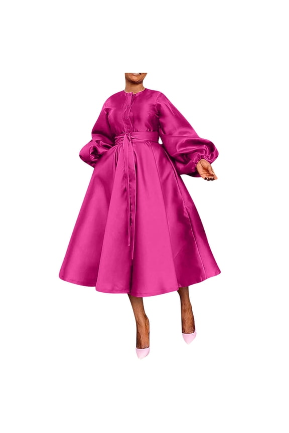 Satin Swing Cocktail Midi Dresses for Women Elegant Puff Sleeve Button Front A-Line Formal Party Prom Dress