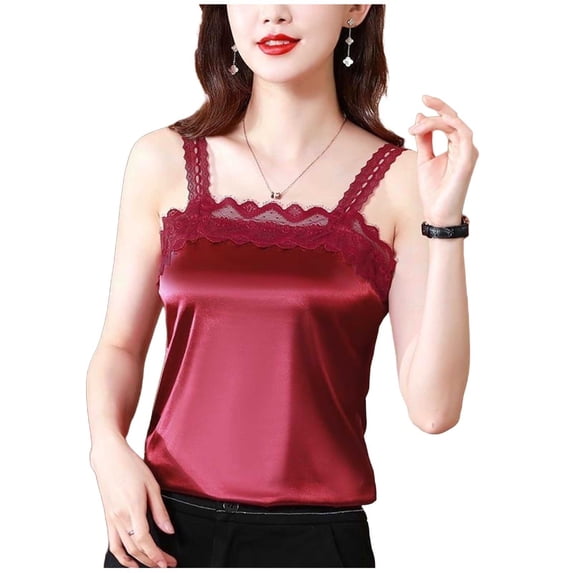Oplxuo Satin Tank Tops for Women Dressy Lace Trim Square Neck Business Casual Shirts Sleeveless Elegant Going Out Blouse