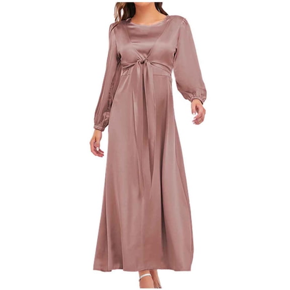 Oplxuo Satin Wedding Guests Dresses for Women Elegant Tie Front Long Sleeve Semi Formal Party Cocktail Maxi Dress