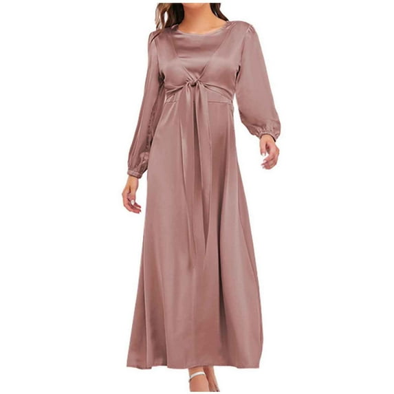 Oplxuo Satin Wedding Guests Dresses for Women Elegant Tie Front Long Sleeve Semi Formal Party Cocktail Maxi Dress