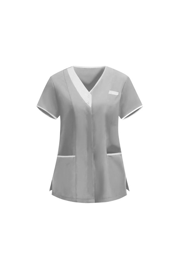 Scrub_Tops for Women Loose V Neck Color Block Workwear Blouse Stretch Short Sleeve Nurse Uniform Shirts with Pockets