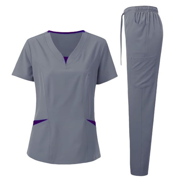 Oplxuo Scrubs for Women Set – 4-Way Stretch Contrast V-Neck Top and Pants Sets for Women