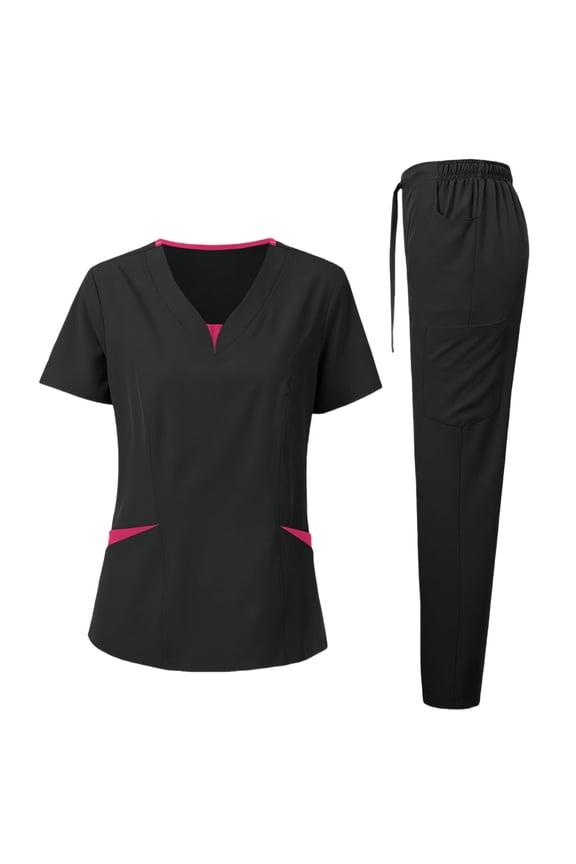 Scrubs for Women Set – 4-Way Stretch Contrast V-Neck Top and Pants Sets for Women