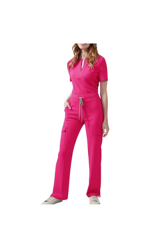 Scrubs for Women Sets Stretch V-Neck Scrub_Tops & Straight Cargo Pants Short Sleeve Nurse Uniform Workwear Outfits