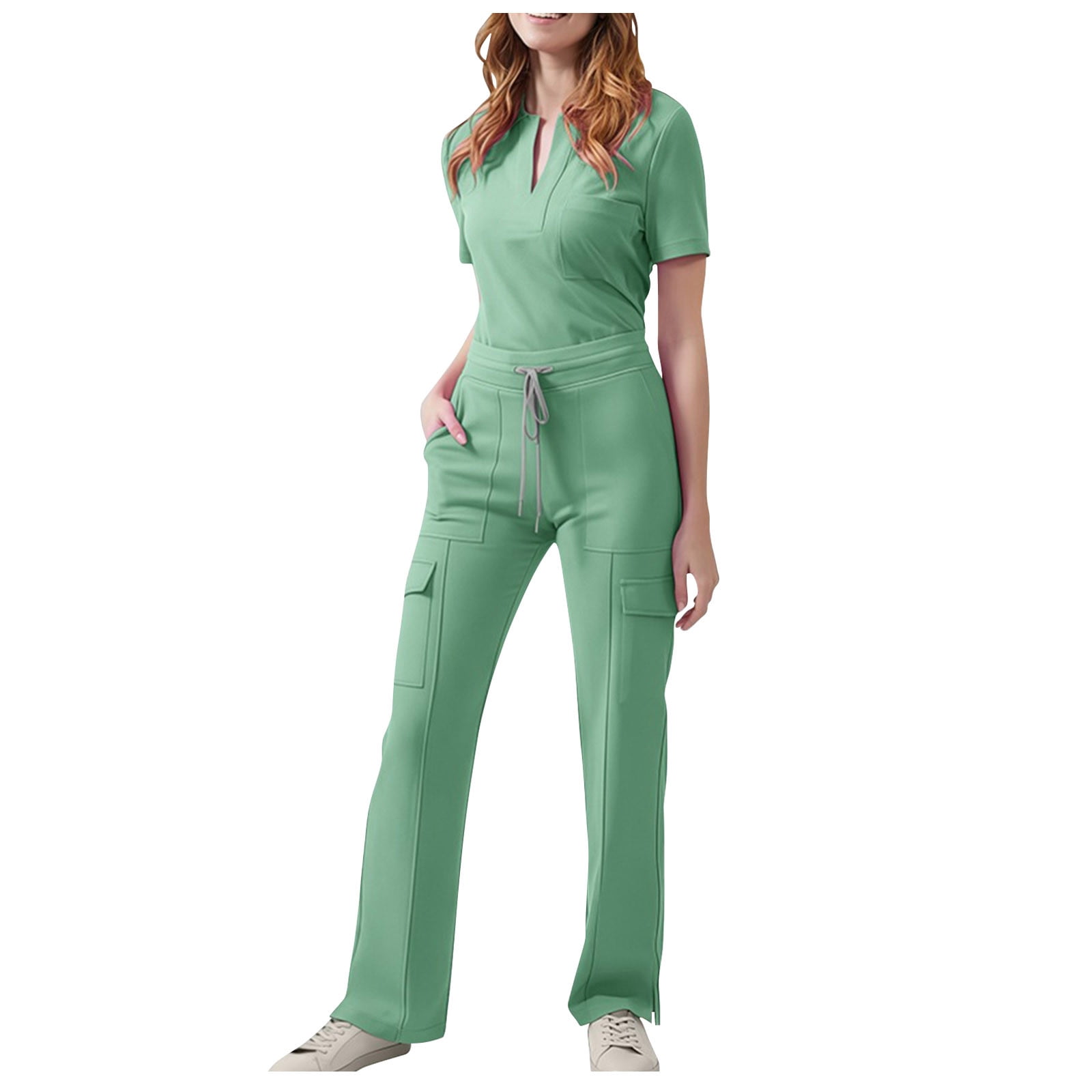 Oplxuo Scrubs for Women Sets Stretch V-Neck Scrub_Tops & Straight Cargo Pants Short Sleeve Nurse Uniform Workwear Outfits