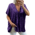 thumbnail image 1 of Oplxuo Sequin Tops for Women Sexy Deep V Neck Short Sleeve Sparkly Blouse Loose Fit Casual Pullover Party Tunic Shirts, 1 of 1