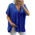 thumbnail image 1 of Oplxuo Sequin Tops for Women Sexy Deep V Neck Short Sleeve Sparkly Blouse Loose Fit Casual Pullover Party Tunic Shirts, 1 of 5