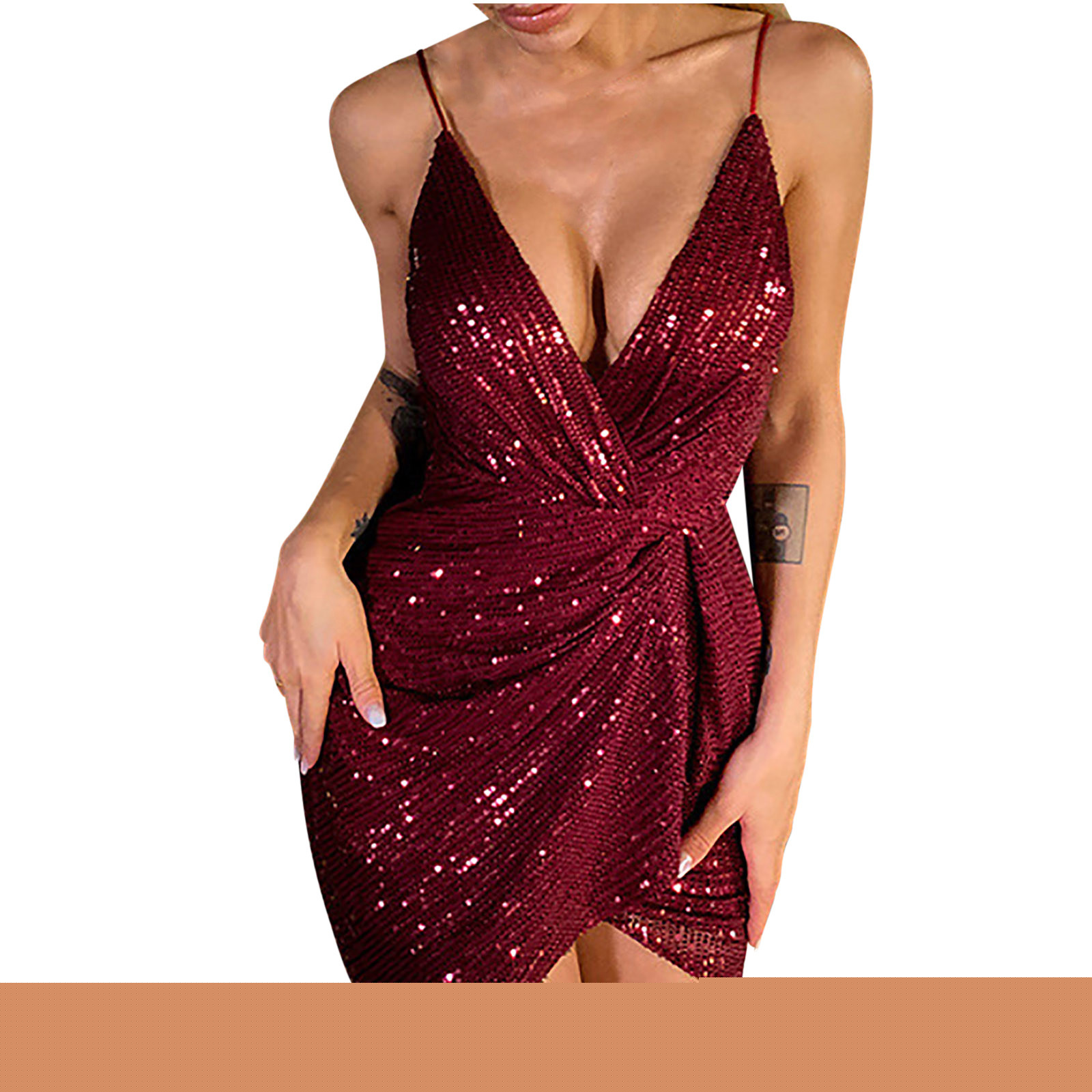 Oplxuo Sequins Homecomming Dress for Women Sexy V Neck Spaghetti Strap Wrap Ruched Mini Cocktail Party Formal Dresses