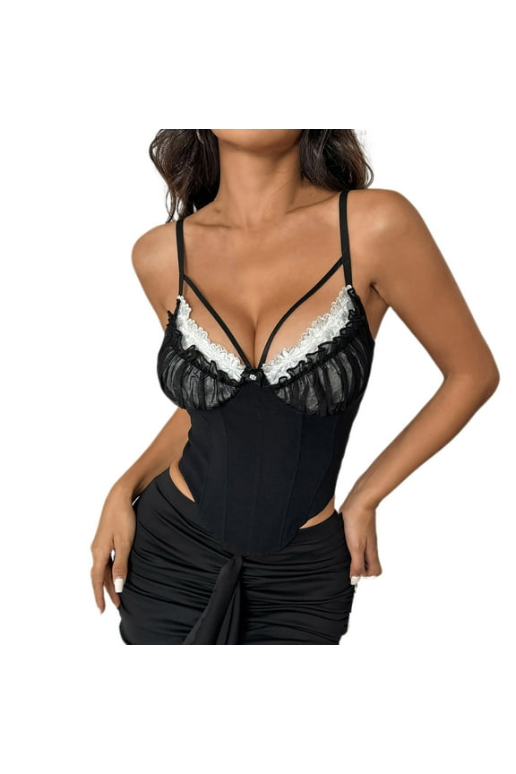 Sexy Corset for Women Spaghetti Straps Lace Trim Crop Tops Low Cut Bodyshaper Bustier Going Out Vest Shirts