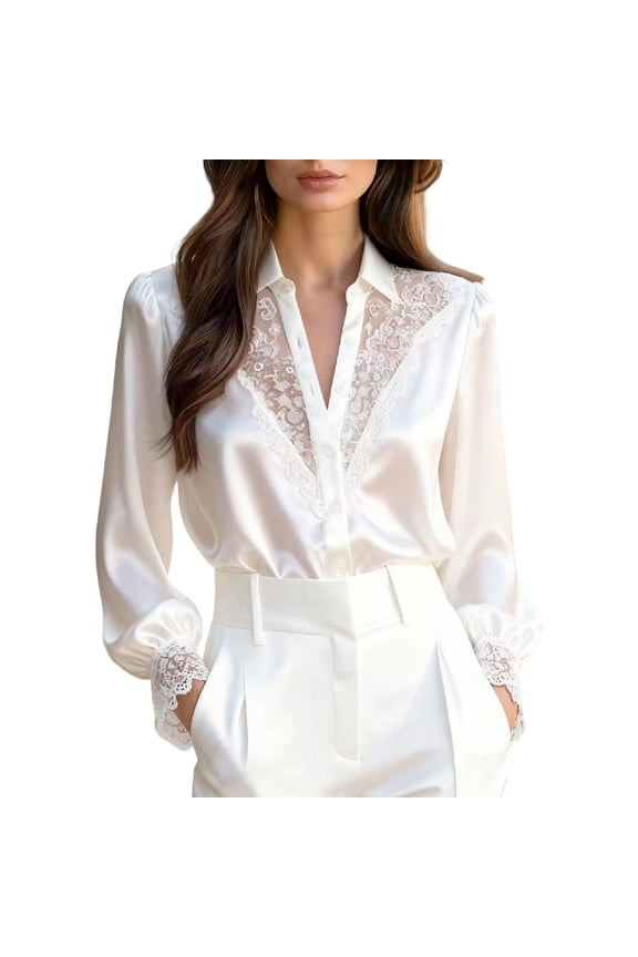 Sexy Crochet Lace Silk Blouse for Women Satin Blouses for Women Button Down Shirts Long Sleeve Tops