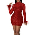 thumbnail image 1 of Oplxuo Sexy Feather Patchwork Sequins Club Dresses for Women Rhinestone Long Sleeve Mini Bodycon Evening Party Cocktail Dress, 1 of 4