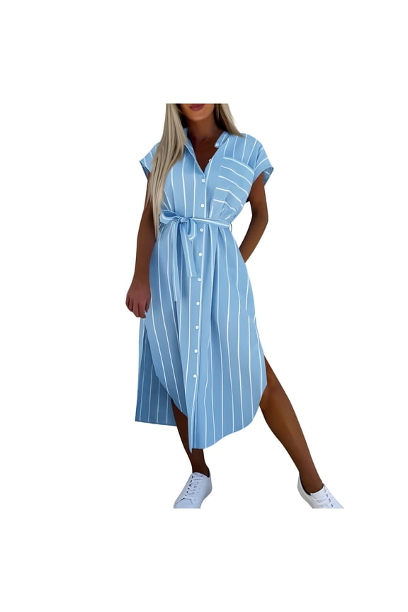 Shirt Dresses for Women Cap Sleeve Belted Side Slit Button Down Striped Maxi Shirt Dress