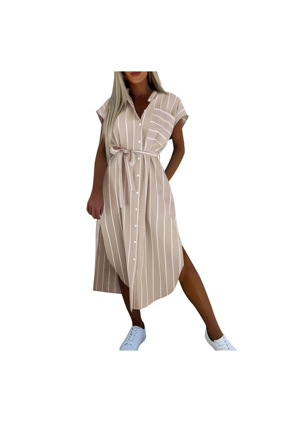 Shirt Dresses for Women Cap Sleeve Belted Side Slit Button Down Striped Maxi Shirt Dress