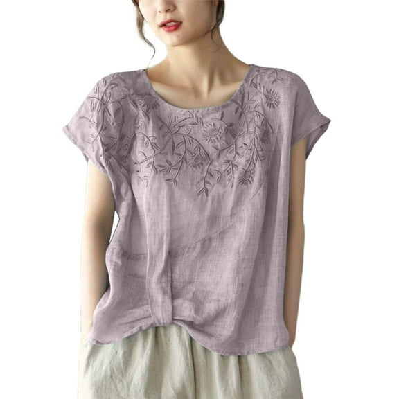 Oplxuo Shirts for Women Summer 2025 Retro Embroidered Short Sleeve Boho Tops Dressy Casual Blouses Loose Tunics