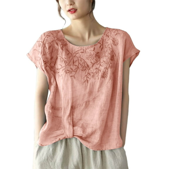 Oplxuo Shirts for Women Summer 2025 Retro Embroidered Short Sleeve Boho Tops Dressy Casual Blouses Loose Tunics