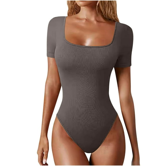 Oplxuo Short Sleeve Bodysuits for Women Slim Fitted Square Neck Ribbed Knit Going Out Slimming Bodysuit Tops