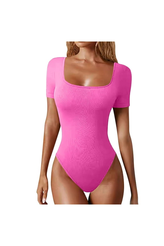 Short Sleeve Bodysuits for Women Slim Fitted Square Neck Ribbed Knit Going Out Slimming Bodysuit Tops
