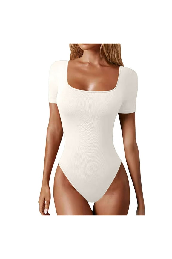 Short Sleeve Bodysuits for Women Slim Fitted Square Neck Ribbed Knit Going Out Slimming Bodysuit Tops