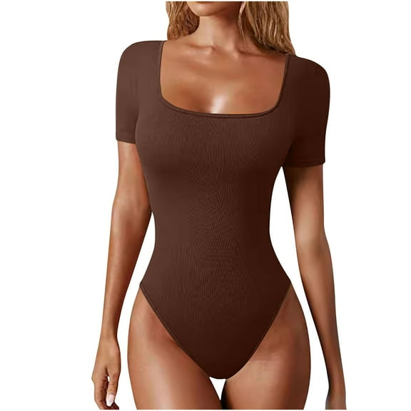 Oplxuo Short Sleeve Bodysuits for Women Slim Fitted Square Neck Ribbed Knit Going Out Slimming Bodysuit Tops
