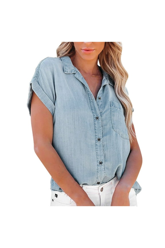 Short Sleeve Denim Shirts for Women Casual Summer Button Down Lapel Blouse Loose Going Out Tunic Tops