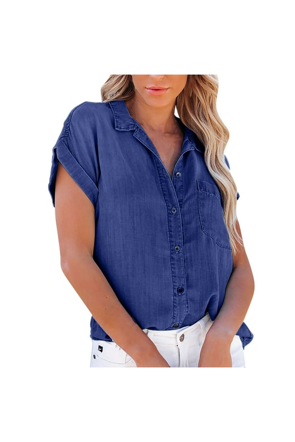 Short Sleeve Denim Shirts for Women Casual Summer Button Down Lapel Blouse Loose Going Out Tunic Tops