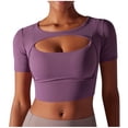 thumbnail image 1 of Oplxuo Short Sleeve Gym Workout Crop Tops for Women Sexy Sheer Mesh Cutout Fitted Yoga Running Shirts Going Out Blouse, 1 of 4