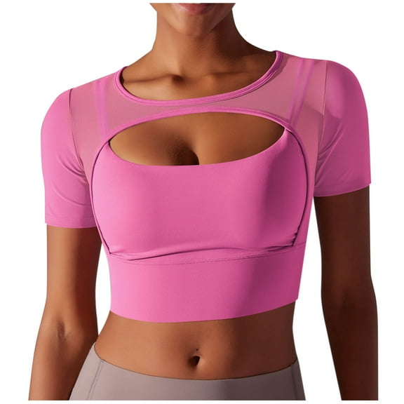 Oplxuo Short Sleeve Gym Workout Crop Tops for Women Sexy Sheer Mesh Cutout Fitted Yoga Running Shirts Going Out Blouse