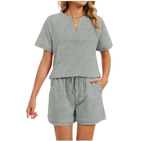 Oplxuo Short Sleeve Pajamas Sets for Women Loose V Neck T-Shirt Summer Sleepwear Matching Shorts Nightwear Lounge Set