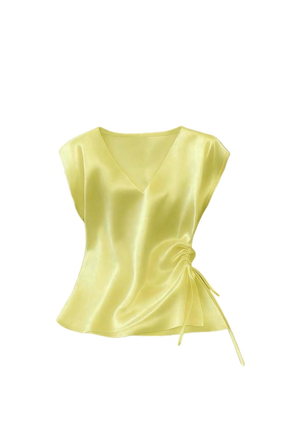 Short Sleeve Satin Shirts for Women Drawstring Side Summer V Neck Business Casual Tops Dressy Going Out Blouse