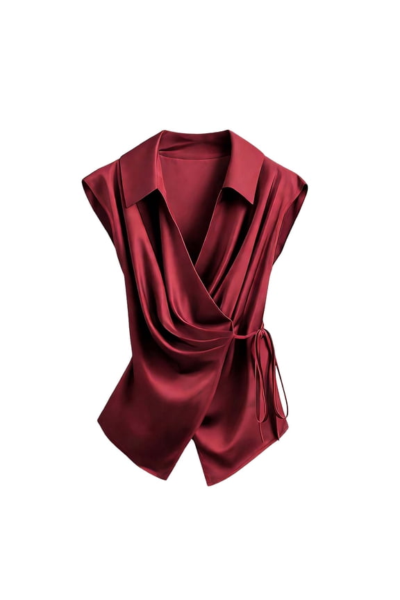 Short Sleeve Satin Shirts for Women Wrap Tie Side Summer V Neck Lapel Business Casual Tops Dressy Going Out Blouse