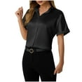 thumbnail image 1 of Oplxuo Silk Blouse for Women Short Sleeve Satin Button Down Shirts Casual Loose V-Neck Business Work Tunic Top, 1 of 3