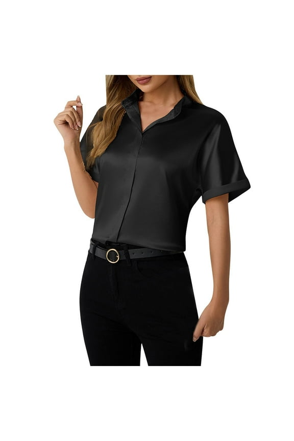 Silk Blouse for Women Short Sleeve Satin Button Down Shirts Casual Loose V-Neck Business Work Tunic Top