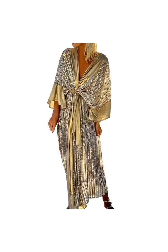 Sparkly Evening Dress for Women Elegant Batwing V Neck Belted Sequin Formal Cocktail Party Maxi Dresses with Slit