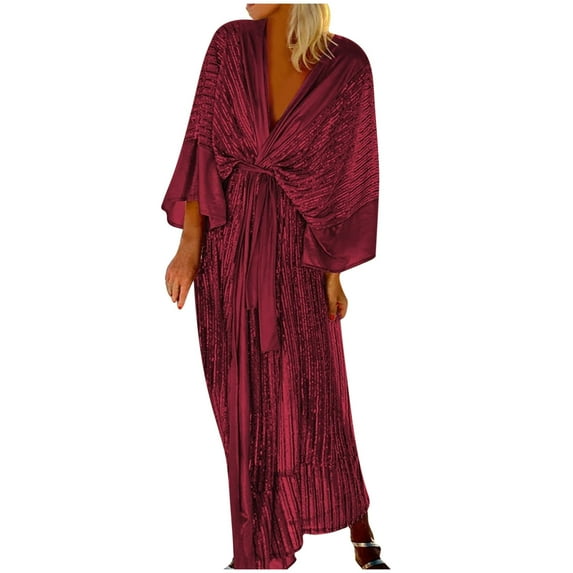 Oplxuo Sparkly Evening Dress for Women Elegant Batwing V Neck Belted Sequin Formal Cocktail Party Maxi Dresses with Slit
