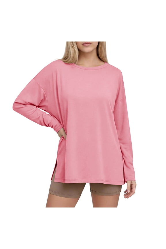 Split Side Long Sleeve Tunic Tops for Women Oversized Pullover Casual Crewneck Going Out T-Shirts Blouse