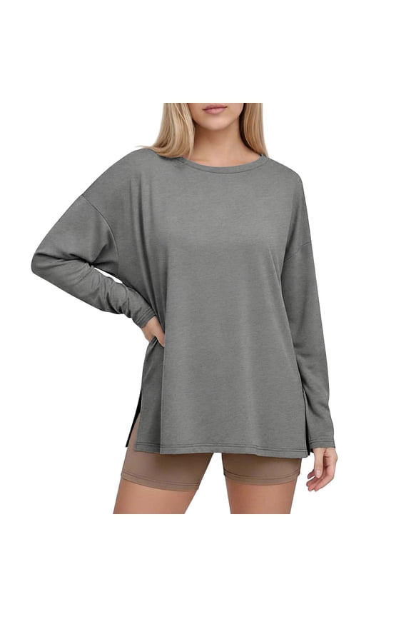 Split Side Long Sleeve Tunic Tops for Women Oversized Pullover Casual Crewneck Going Out T-Shirts Blouse