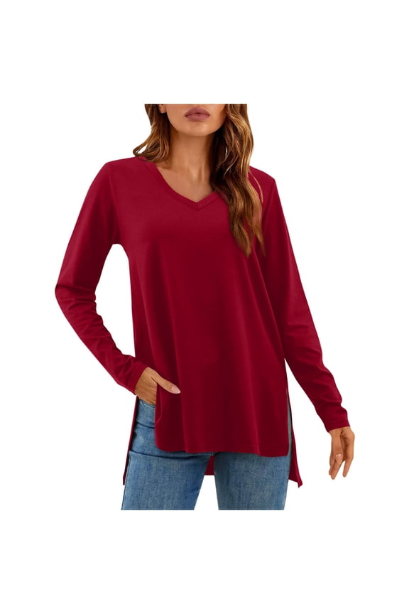 Split Side Tunic Tops for Women Basic Solid Color V Neck Blouses Pullover Fall Long Sleeve Casual Tshirt