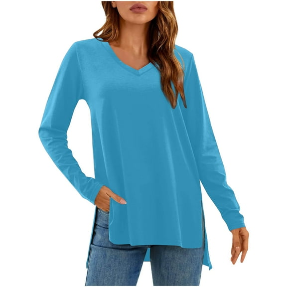 Oplxuo Split Side Tunic Tops for Women Basic Solid Color V Neck Blouses Pullover Fall Long Sleeve Casual Tshirt
