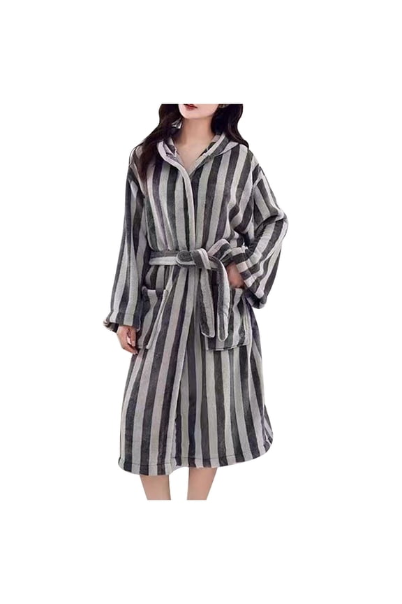 Striped Fuzzy Robe for Women Plush Long Hooded Robe Full Length Flannel Fleece Bathrobe Warm Housecoat