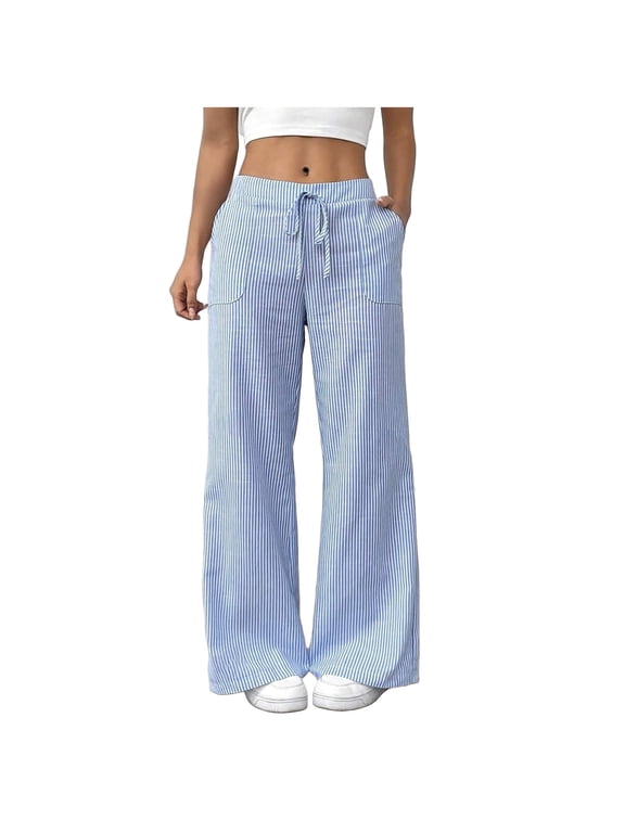 Striped Wide Leg Pants for Women Spring Summer 2026 Drawstring Lounge PJ Beach Bottoms Casual Trousers Pockets