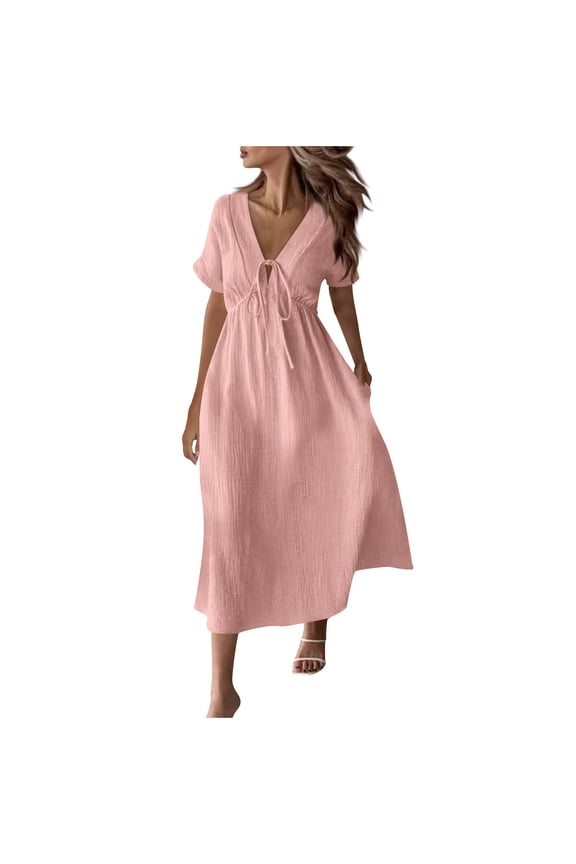 Summer Dress for Women Casual Short Sleeve Front Bow Tie V Neck Midi Flowy Dresses