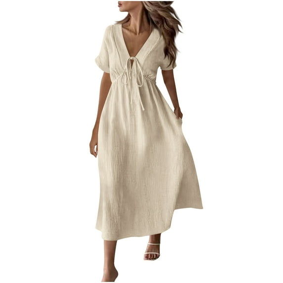 Oplxuo Summer Dress for Women Casual Short Sleeve Front Bow Tie V Neck Midi Flowy Dresses