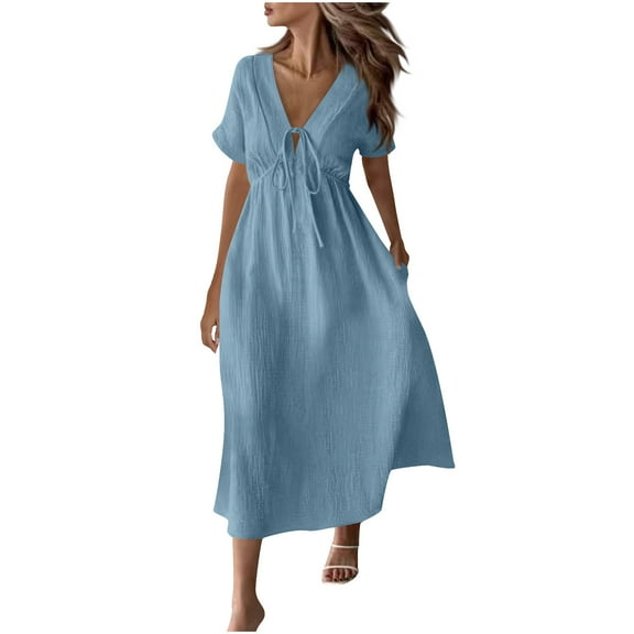 Oplxuo Summer Dress for Women Casual Short Sleeve Front Bow Tie V Neck Midi Flowy Dresses