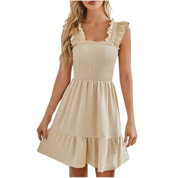 Oplxuo Summer Dress for Women Casual Sleeveless Square Neck Smocked Dress Backless Ruffle Boho Dress Cover Up Sundress